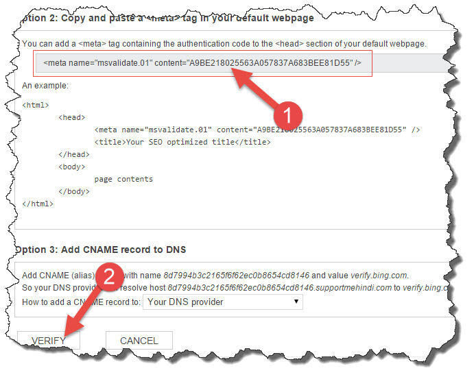 verify site to bing webmaster tools