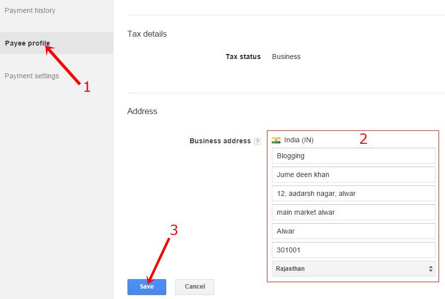 AdSense payee profile settings