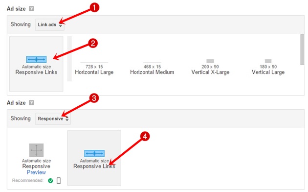 responsive links ads size