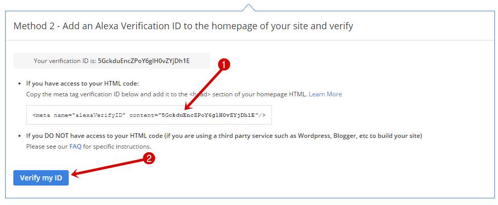Add an Alexa Verification ID to the homepage of your site and verify