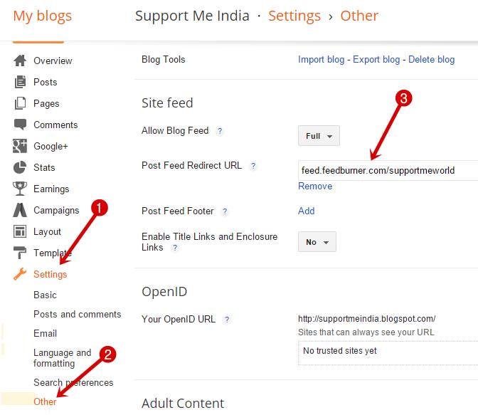 Add feedburner feed url in blog