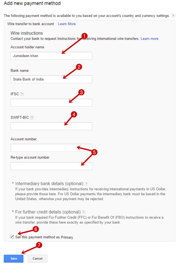 Add new payment method Wire Transfer to Bank Settings