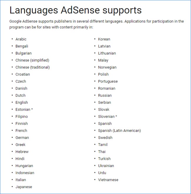 Languages AdSense supports