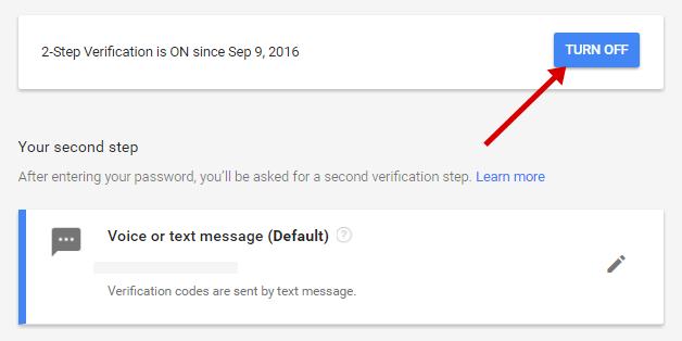 Turn off google two step verification