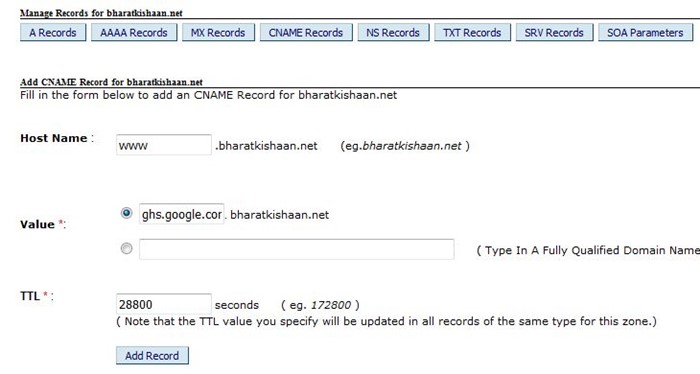 Manage record on bigrock domain