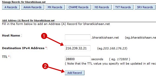 Manage record on bigrock domains