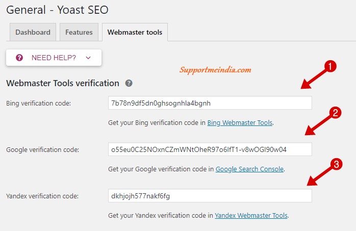 Yoast Webmaster tools Settings