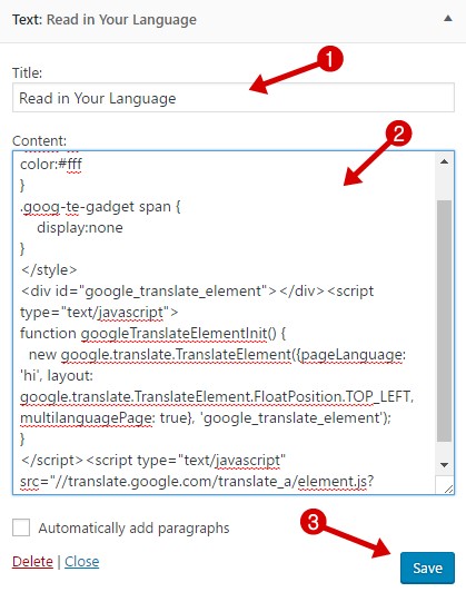 google translate tool code in widgets