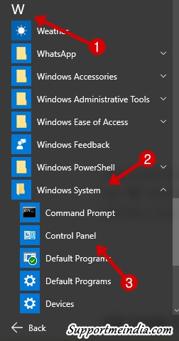 Open control panel via start menu