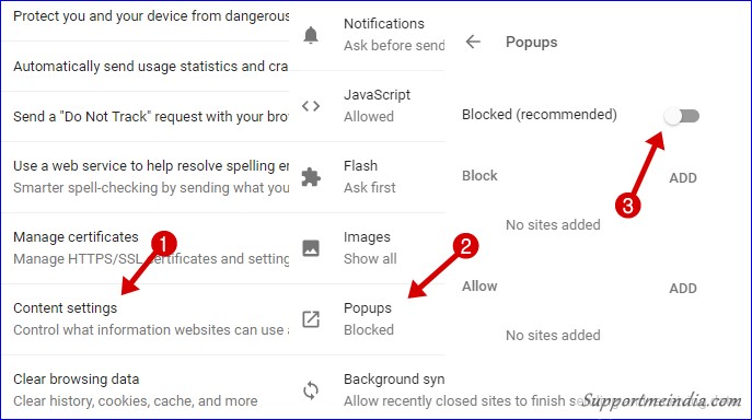 Disable popups in desktop chrome browser