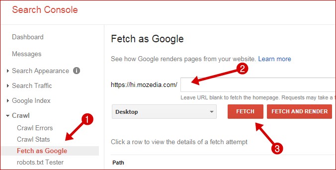 Search console fetch as google