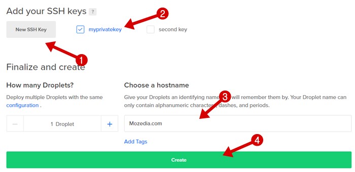 Add SSH keys and Finalize and create droplet