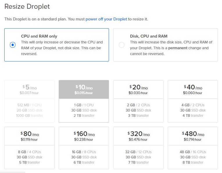 Digitalocean resize droplet