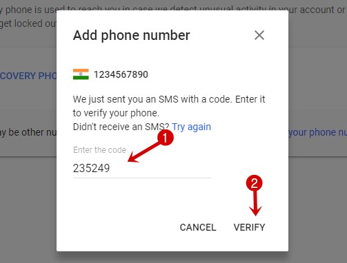 Verify google account recovery phone number