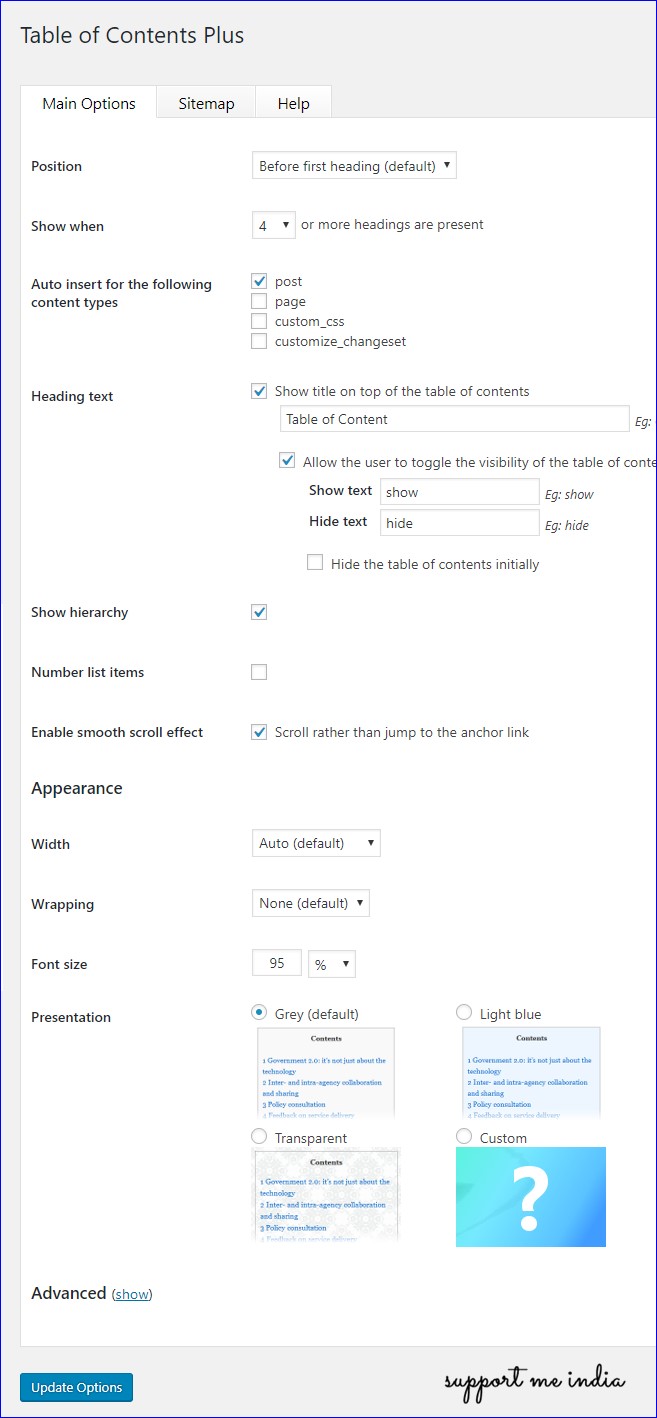 Table of Contents Plus Settings