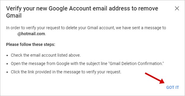 Verify your new Google Account email address to remove Gmail