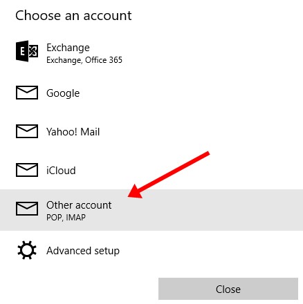 Select other account option in windows mail