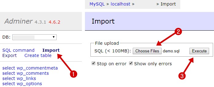 Upload Database Backup via Adminer