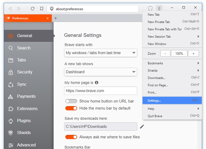 Brave Browser General Settings