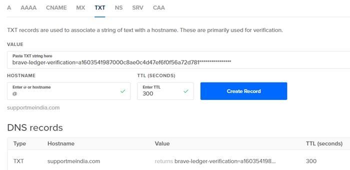 Brave Website Verification via DNS Record