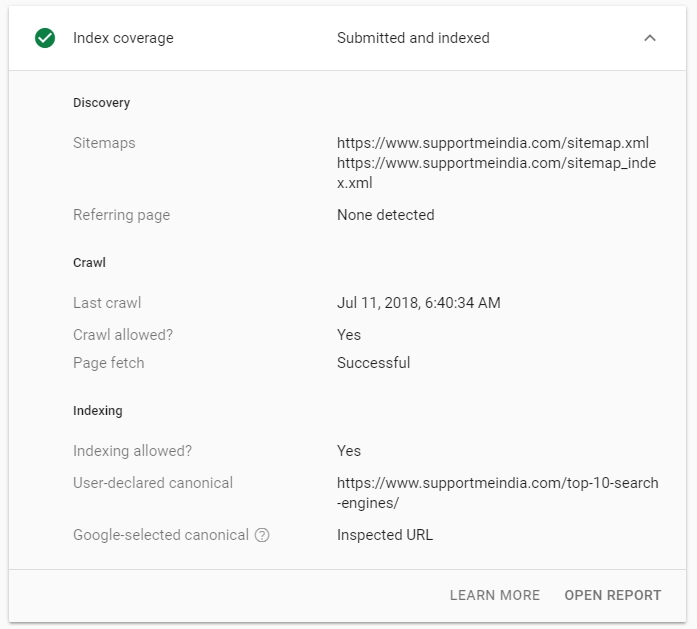 URL Inspection Index Coverage Details