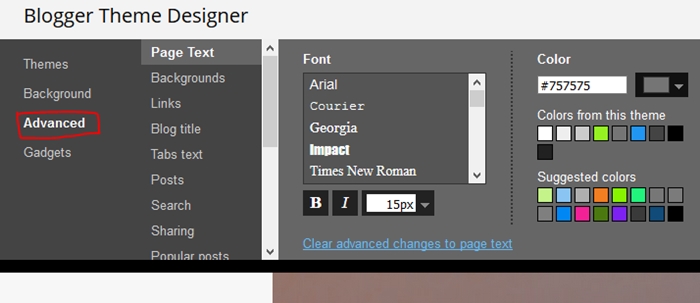 Blogger theme customizing sub options