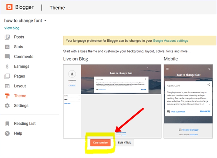 Click on customize button in blogger dashboard