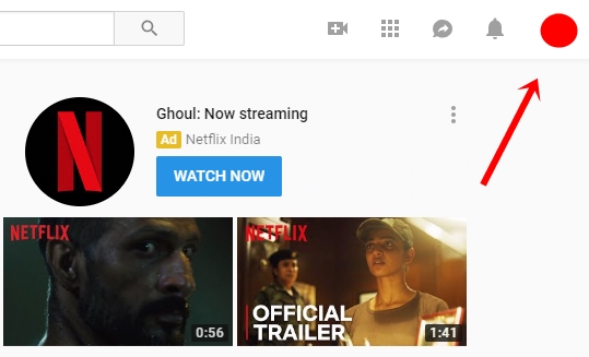 Click on youtube profile picture in top right menu