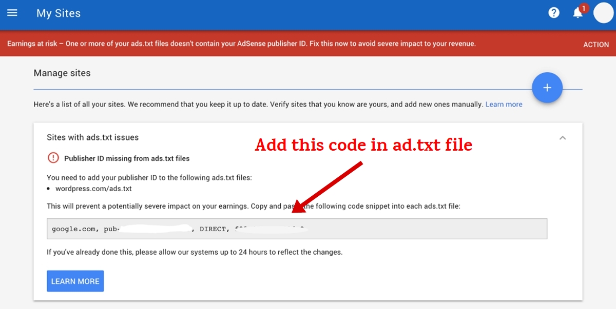 Google Adsense ads.txt Error Message