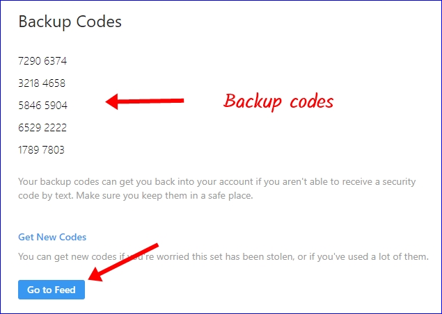 Instagram 2 Step Verification backup codes