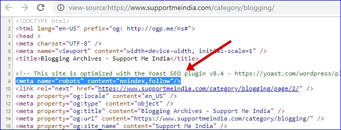 Check Noindex tag in page source code