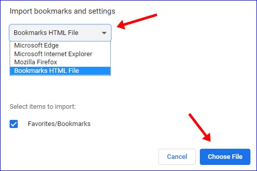 Import Bookmarks settings to Google Chrome