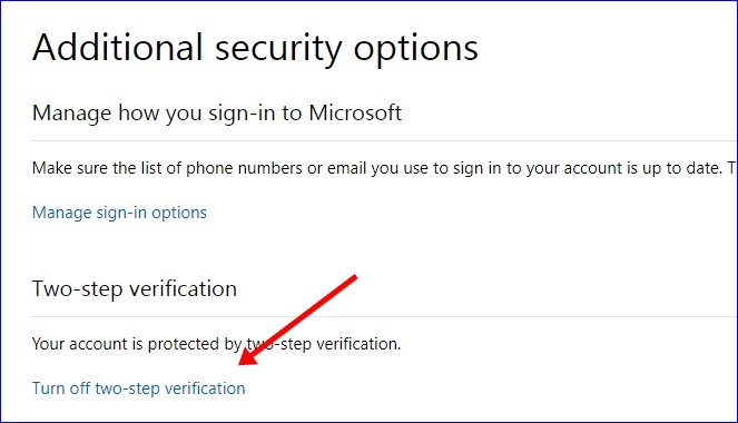 Turn off two-step verification on Microsoft