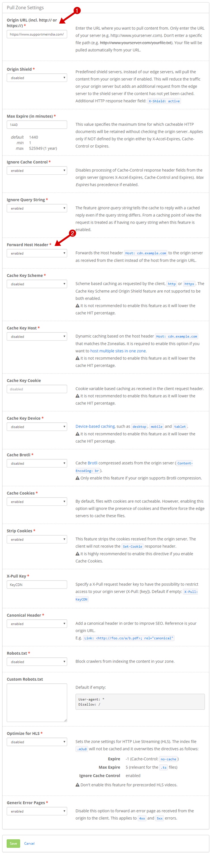 Pull Zone Settings - KeyCDN