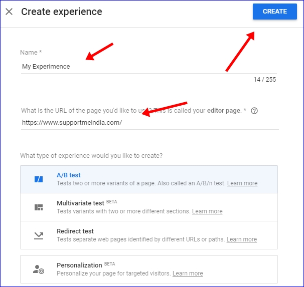 Create experience google optimize