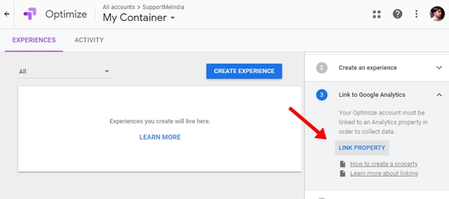 Link analytics account to google optimize