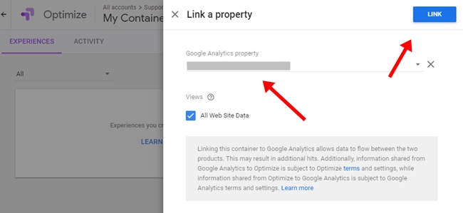 Link analytics property to google optimize