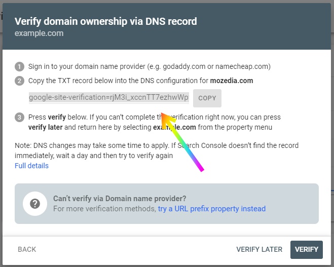Copy domain verification code