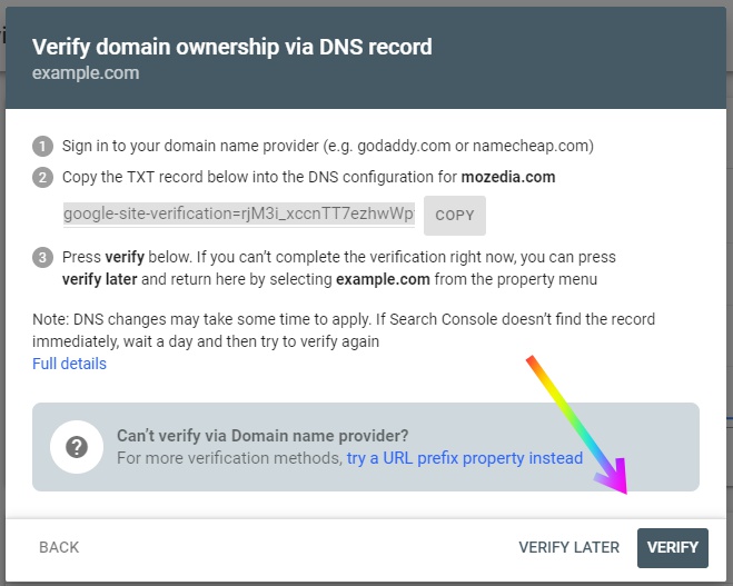 Verify domain ownership with DNS record