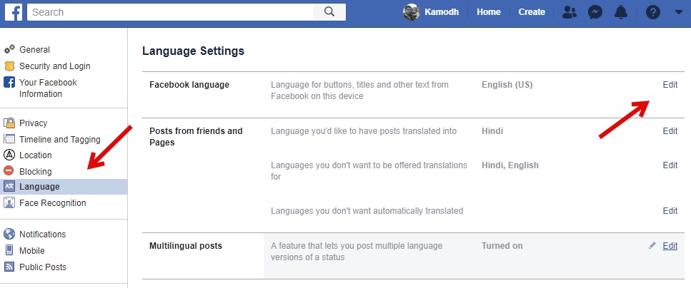 facebook language settings