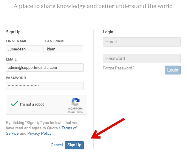 Sign up on Quora with Email