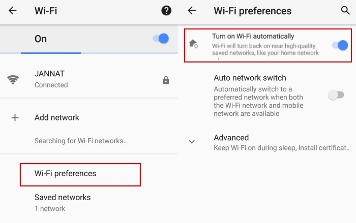 Android 8.0 Oreo Auto Enable WiFi for saved network