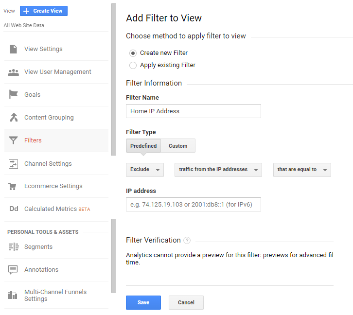 Setup Analytics filter to exclude IP Addresses