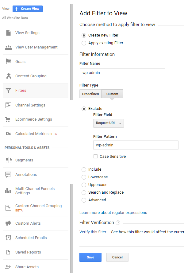 filter wp-admin in analytics