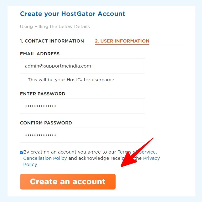 Create an account on hostgator 2