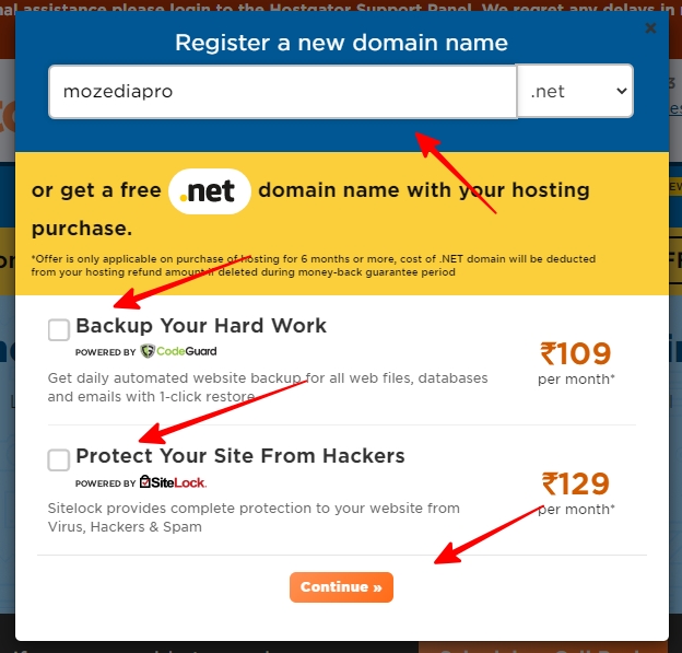 get .net free domain from hostgator