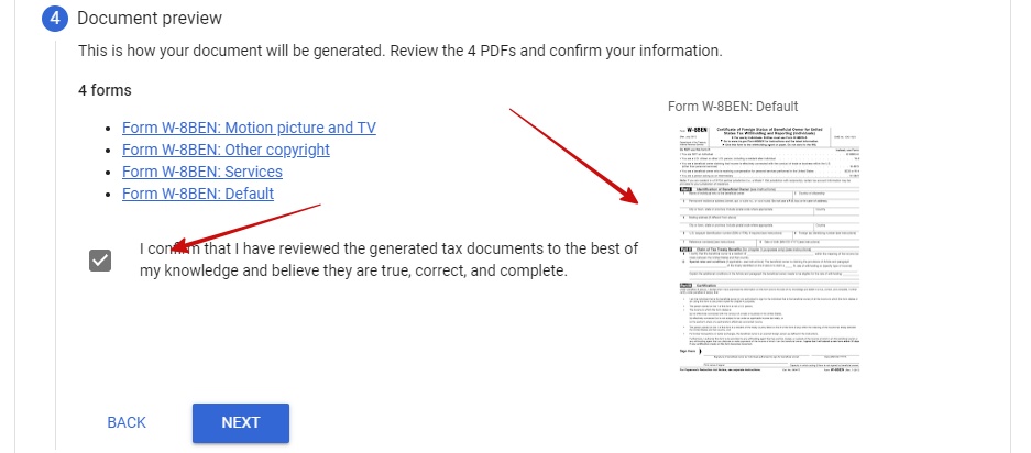 Formulário fiscal W-8BEN - Visualização do documento