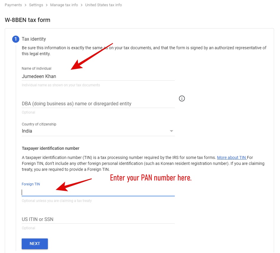 W-8BEN tax form - tax identity