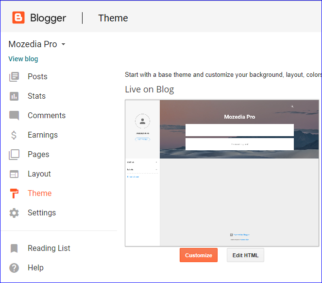 Blogger Dashboard Options Blogger Dashboard Options