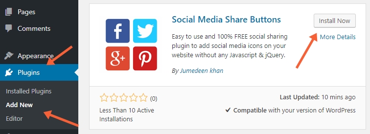 Install Social Media Share Buttons Plugin via wp dashboard